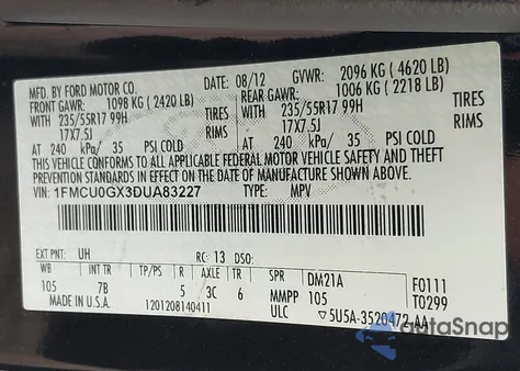 2013 Ford Escape Se z USA, uszkodzony, nr VIN 1FMCU0GX3DUA83227